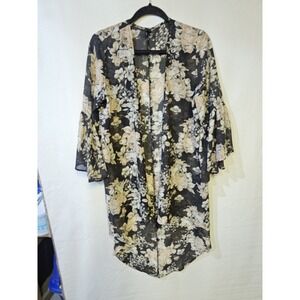 Windsor Lg/ XL New Black Peach Yellow Floral Mesh Sheer Long Cardigan Sweater
